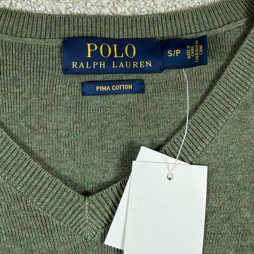 NEW Polo Ralph Lauren Mens Small Green Pima Cotton V-Neck Pullover Sweater - Picture 4 of 7